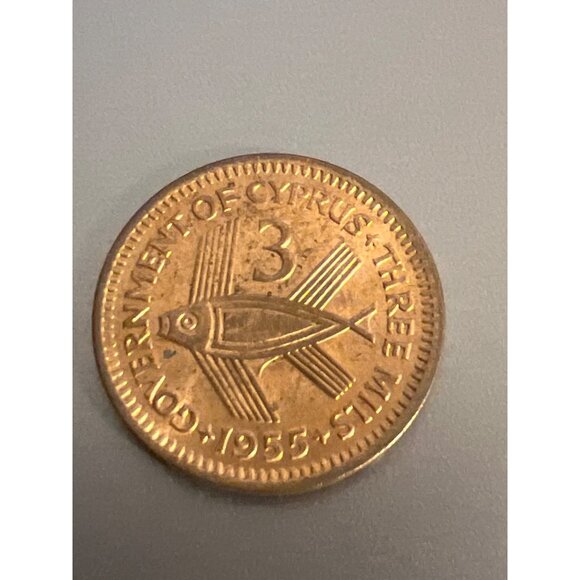 1955 Cyprus Three Mils Coin Queen Elizabeth II Copper Collectible - Picture 2 of 3